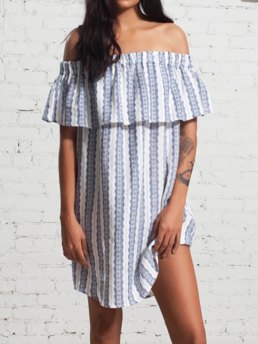 SEA NWOT Mini Dress Linen White Stripes Off Shoulder Ruffle